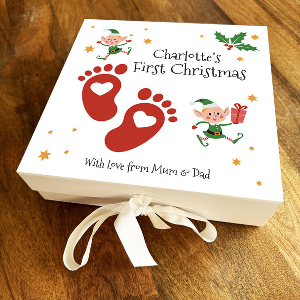 Babies 1st Christmas Baby Feet Elves Holly Stars Personalised Square Gift Box