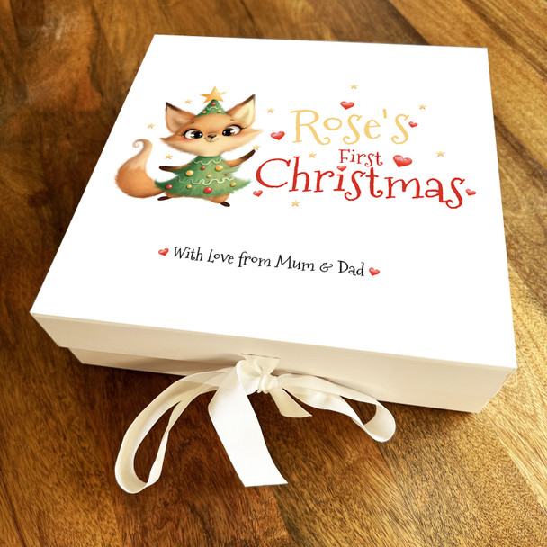 Babies 1st Christmas Baby Fox Hearts & Stars Personalised Square Hamper Gift Box