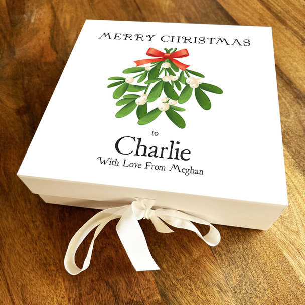 Pretty Mistletoe Merry Christmas Festive Bright Personalised Square Gift Box