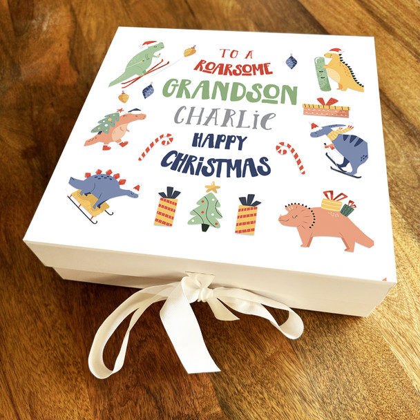 Roarsome Grandson Kids Dinosaur Happy Christmas Personalised Square Gift Box