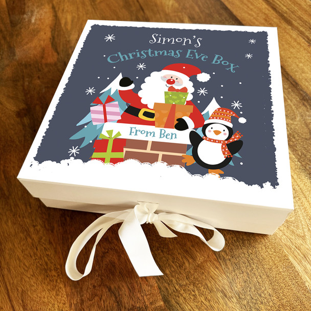 Santa Claus With Penguin & Gifts Christmas Eve Box Personalised Square Gift Box