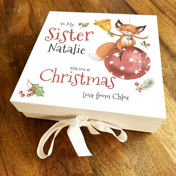 Sister Little Fox Christmas Bauble Holly Watercolour Personalised Gift Box