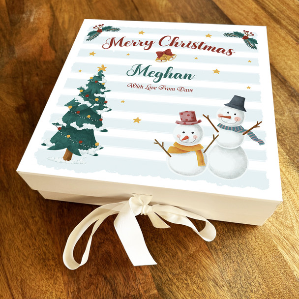 Snowmen Merry Christmas Tree Blue & White Stripes Personalised Square Gift Box