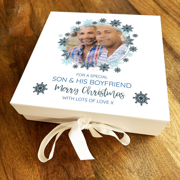 Son & His Boyfriend Blue Winter Snowflake Photo Christmas Personalised Gift Box
