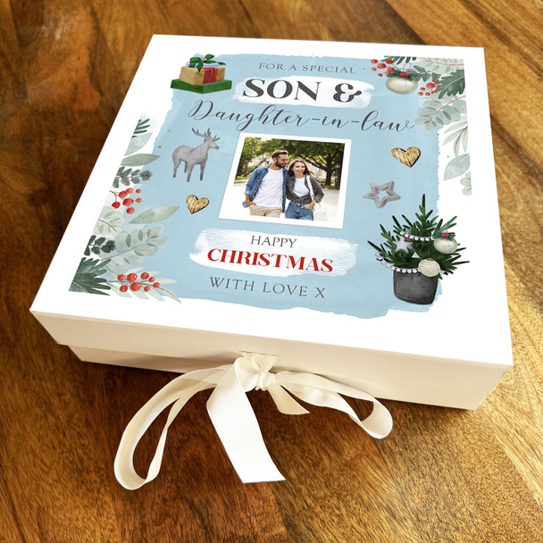 Son and Daughter-in-law Blue Winter Christmas Photo Personalised Square Gift Box