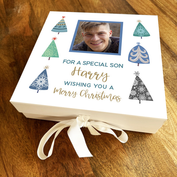 Special Son Merry Christmas Tree Winter Blue Photo Personalised Square Gift Box