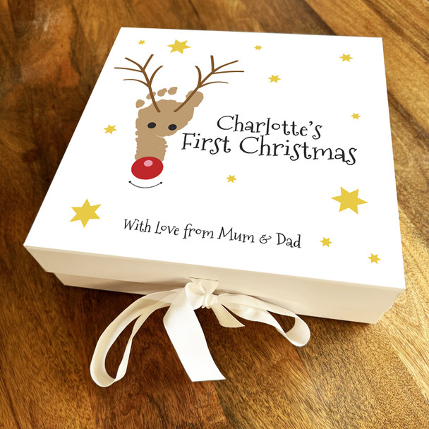 Babies 1st Christmas Deer With Baby Foot Print Personalised Square Gift Box