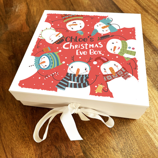 Winter Snowmen Red Christmas Eve Box Festive Personalised Square Hamper Gift Box