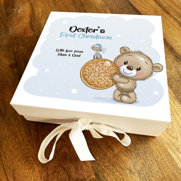 Babies 1st Christmas Gold Bauble Teddy Bear Light Blue Personalised Gift Box