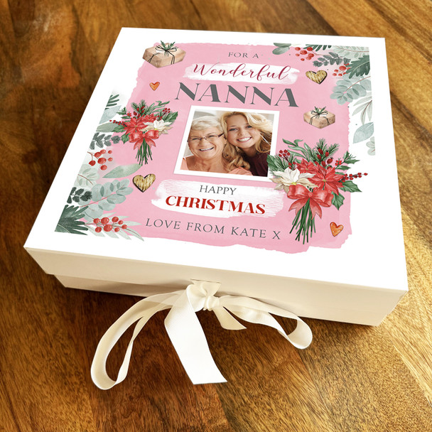 Wonderful Nanna Happy Christmas Pink Photo Floral Personalised Square Gift Box