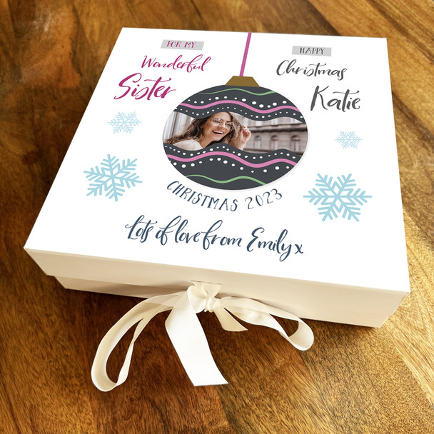 Wonderful Sister Christmas Bauble Blue & Purple Photo Personalised Gift Box