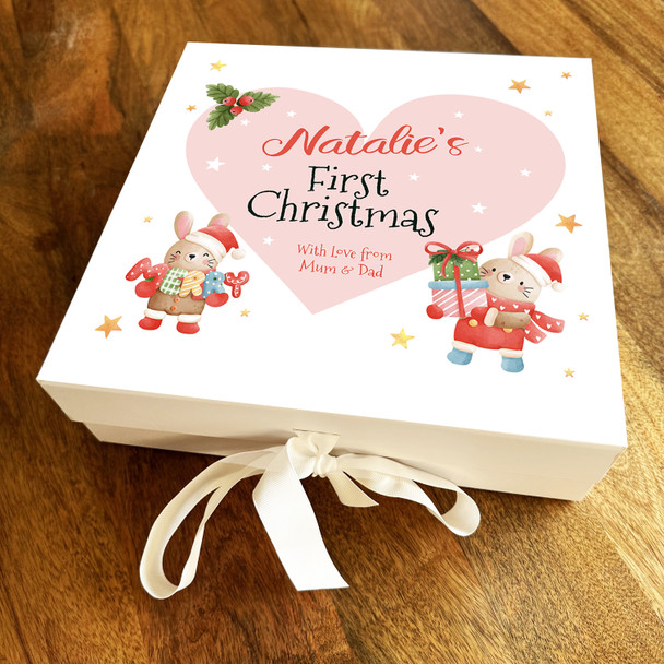 Babies 1st Christmas Rabbits Pink Heart Stars Personalised Square Gift Box