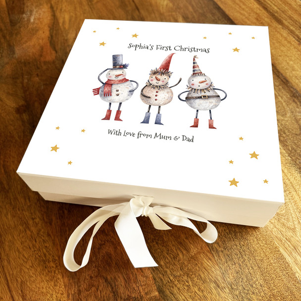 Babies 1st Christmas Watercolour Snowmen & Stars Personalised Square Gift Box