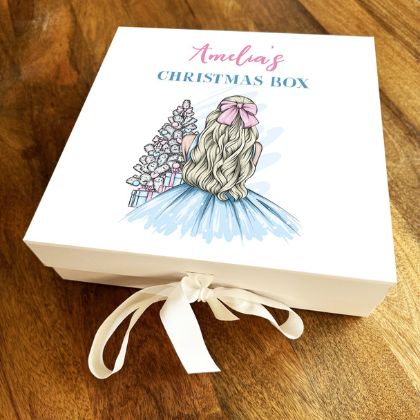 Christmas Box Winter Girl Blue Pink & Tree Personalised Square Hamper Gift Box