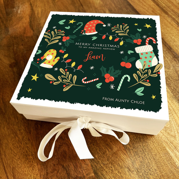 Amazing Nephew Merry Christmas Floral Green Festive Icons Personalised Gift Box
