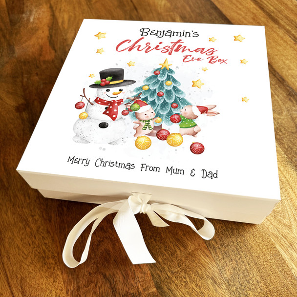 Christmas Eve Box Snowman With Bunnies Stars Personalised Square Hamper Gift Box