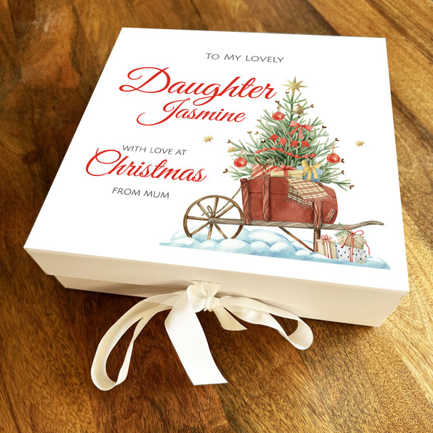 Daughter With Love At Christmas Tree Wooden Cart Personalised Square Gift Box