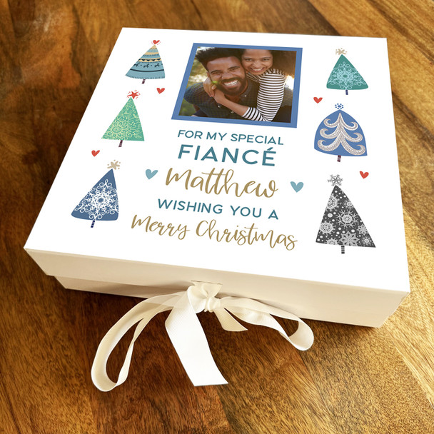 Fiancé Blue Green Merry Christmas Tree Border Photo Personalised Square Gift Box