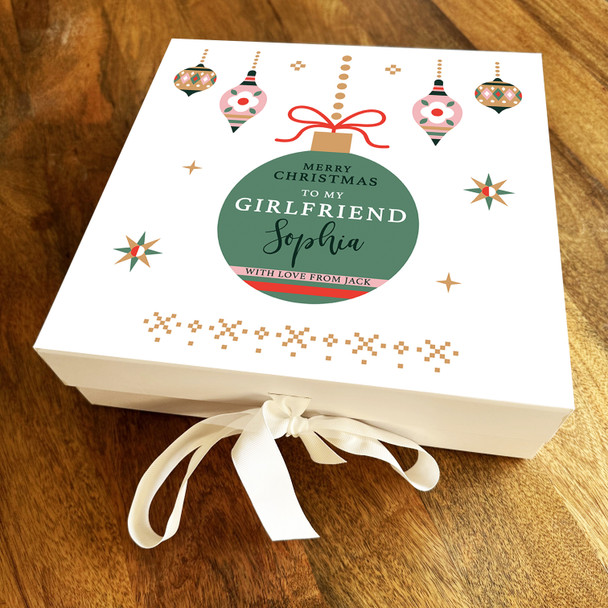 Girlfriend Merry Christmas Bright Baubles With Gold Personalised Square Gift Box