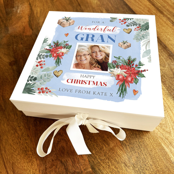 Gran Happy Christmas Winter Blue Photo Floral Border Personalised Gift Box