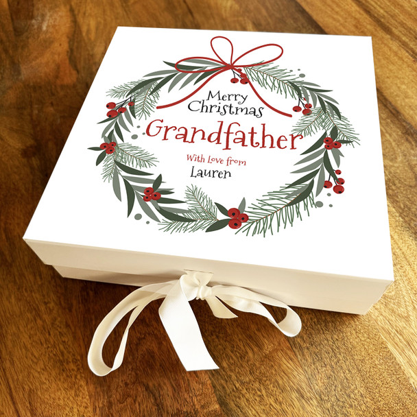 Grandfather Merry Christmas Red Holly Wreath Personalised Square Hamper Gift Box