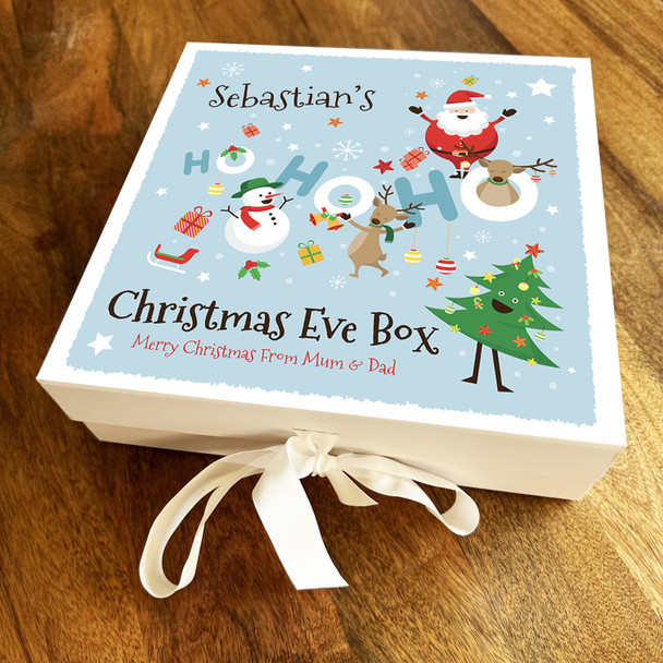 Ho Ho Ho Santa Claus Blue & Tree Christmas Eve Box Personalised Square Gift Box