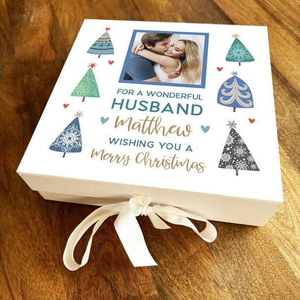 Husband Christmas Tree Winter Blue & Green Photo Personalised Square Gift Box