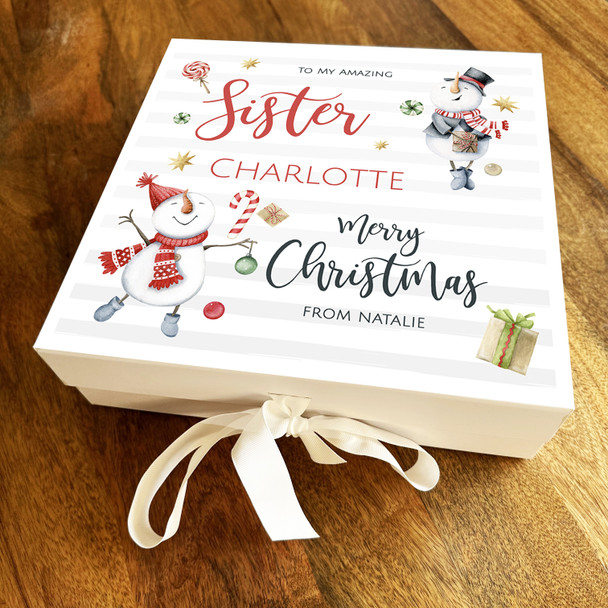 Merry Christmas Amazing Sister Snowmen & Gifts Personalised Square Gift Box