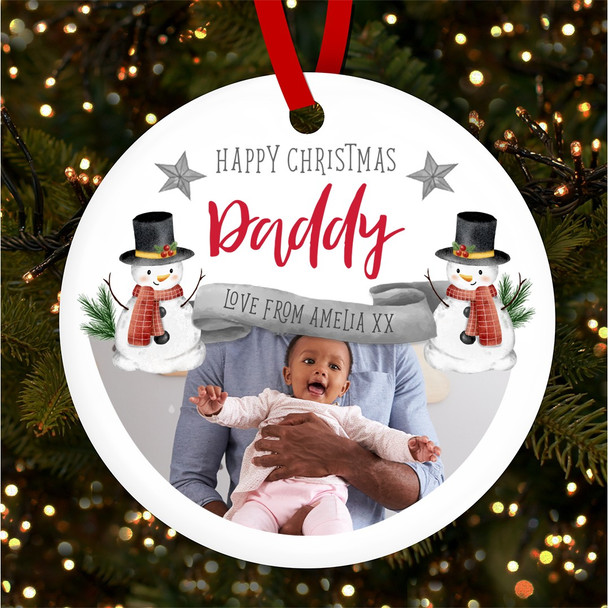 Daddy Happy Photo Snowmen Stars Personalised Christmas Tree Ornament Decoration