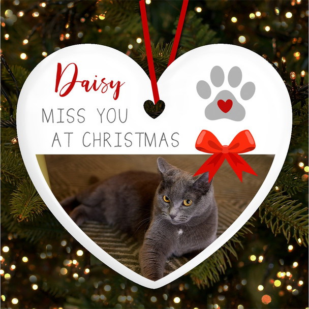 Pet Loss Memorial Miss You Bow Photo Pawprint Custom Christmas Tree Decoration