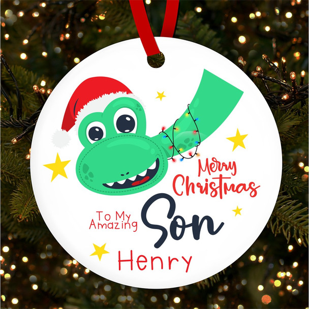Dinosaur Santa Hat Amazing Son Personalised Christmas Tree Ornament Decoration
