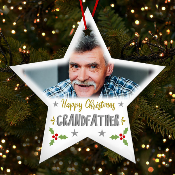 Grandfather Photo Holly Stars Personalised Christmas Tree Ornament Decoration