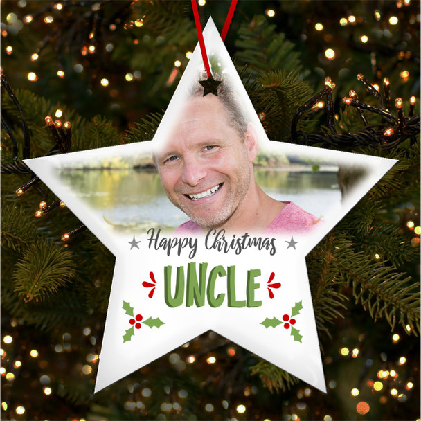 Uncle Photo Holly Green Stars Personalised Christmas Tree Ornament Decoration
