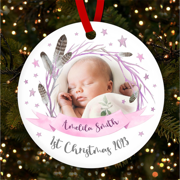 First Baby Girl Pink Photo Feather Custom Christmas Tree Ornament Decoration