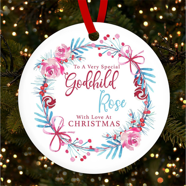 Special Godchild Pink Winter Personalised Christmas Tree Ornament Decoration