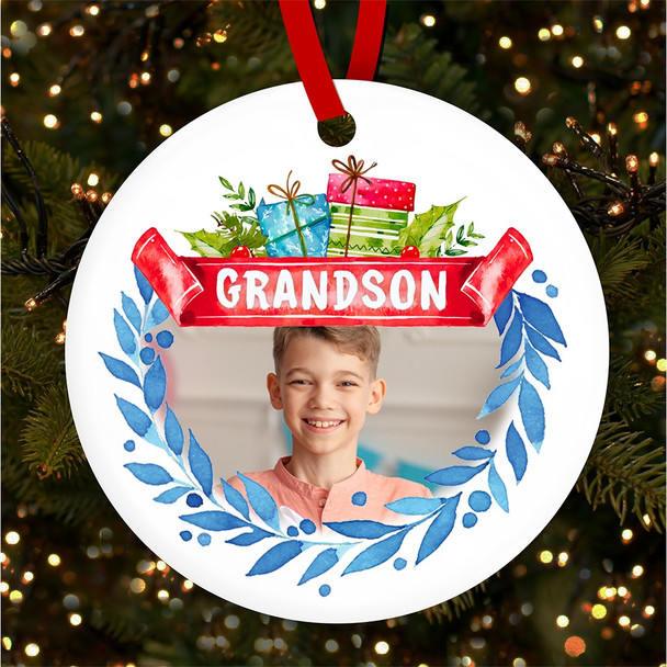 Grandson Gifts & Blue Photo Personalised Christmas Tree Ornament Decoration