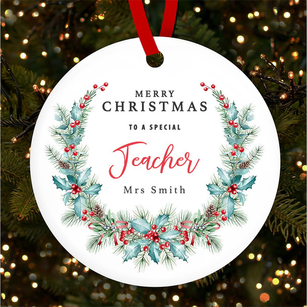 Teacher Winter Berry Wreath Personalised Christmas Tree Ornament Decoration