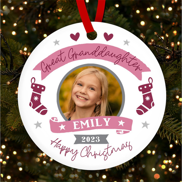 Great Granddaughter Photo Purple Stocking Custom Christmas Tree Decoration