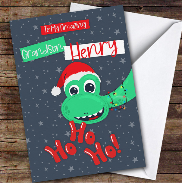 Grandson Dinosaur With Santa's Hat Custom Greeting Personalised Christmas Card