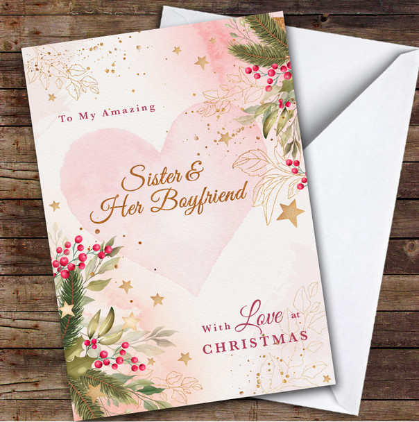Sister & Her Boyfriend Gold Floral Custom Greeting Personalised Christmas Card