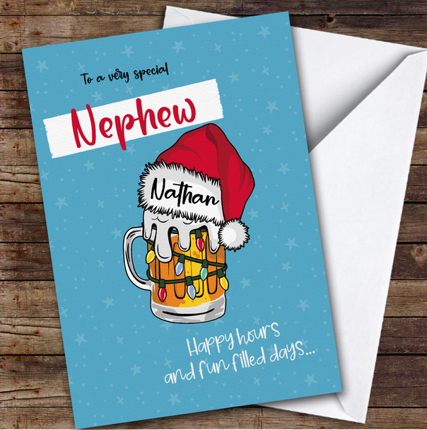 Nephew Santa´s Hat On Beer Glass Custom Greeting Personalised Christmas Card