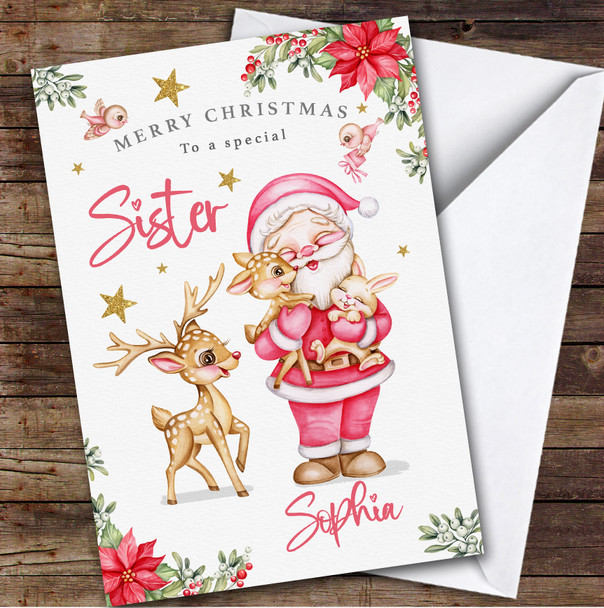 Sister Santa With Deer And Bunny Custom Greeting Personalised Christmas Card