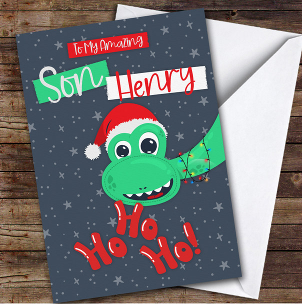 Son Dinosaur With Santa's Hat Custom Greeting Personalised Christmas Card