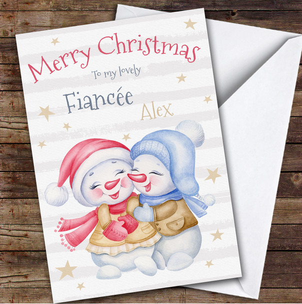 FiancÃ©e Happy Snowman Couple Custom Greeting Personalised Christmas Card