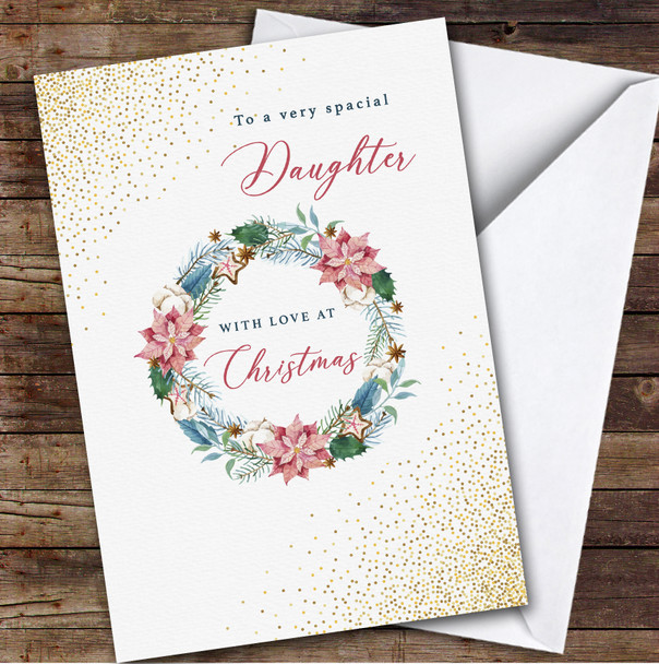 Daughter Pink Floral Wreath Custom Greeting Personalised Christmas Card