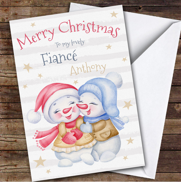 Fiancé Happy Snowman Couple Custom Greeting Personalised Christmas Card
