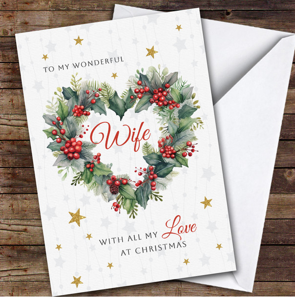 Wonderful Wife Heart Wreath Custom Greeting Personalised Christmas Card