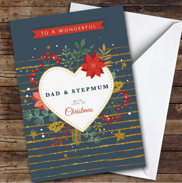 Dad & Stepmum Floral Heart Custom Greeting Personalised Christmas Card