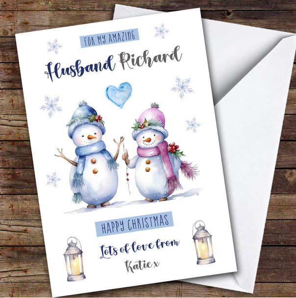 Husband Snowman Romantic Custom Greeting Personalised Christmas Card
