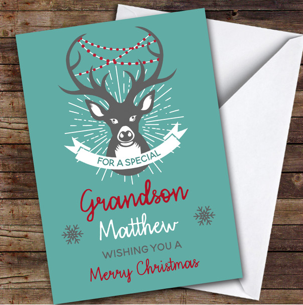 Grandson Deer Stag Custom Greeting Personalised Christmas Card